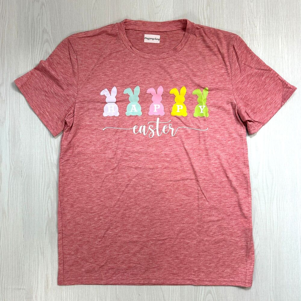 New Pingyongcang Women's Medium Pink Bunny Easter Cotton Blend T-Shirt